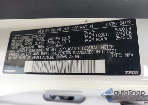 2012 Volvo Xc60 3.2/3.2 Platinum/3.2 Premier/3.2 Premier Plus z USA, uszkodzony, nr VIN YV4952DL3C2343531